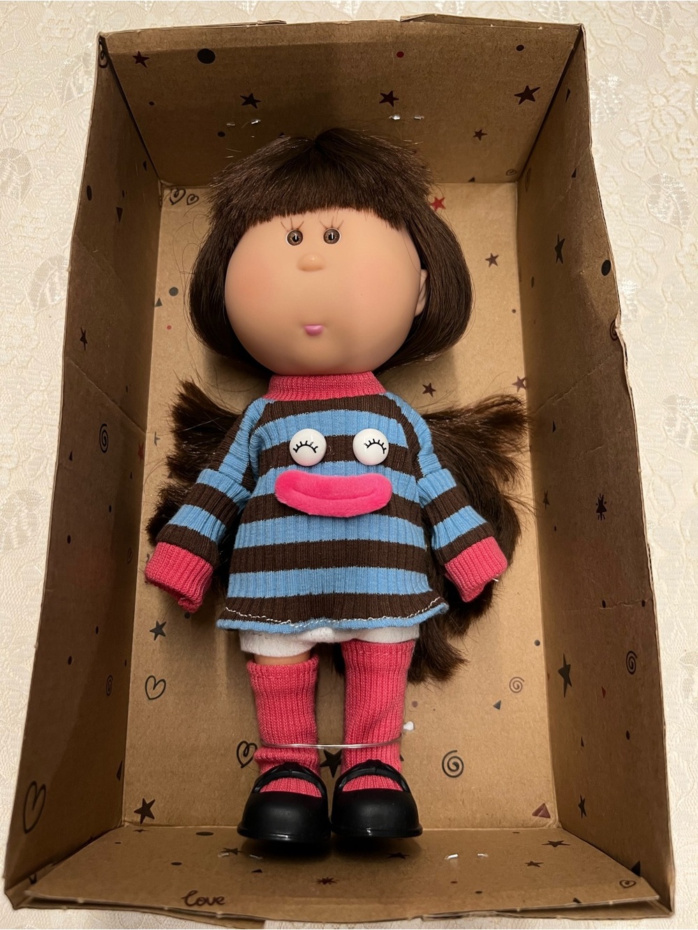 New, Mia Brown Hair Doll in Blue & Brown Striped Outfit with Pink Accents